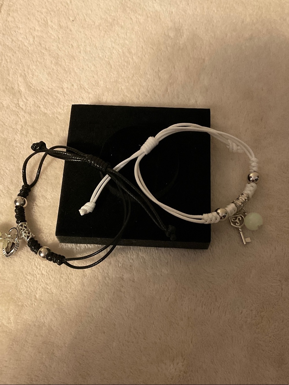 Black & White Cord Charm Bracelet Set with Silver Accents